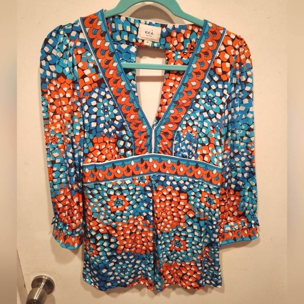 Eci New York Multicolor Mosaic Floral Babydoll V-Neck Tunic Top Sz M Y2K Boho